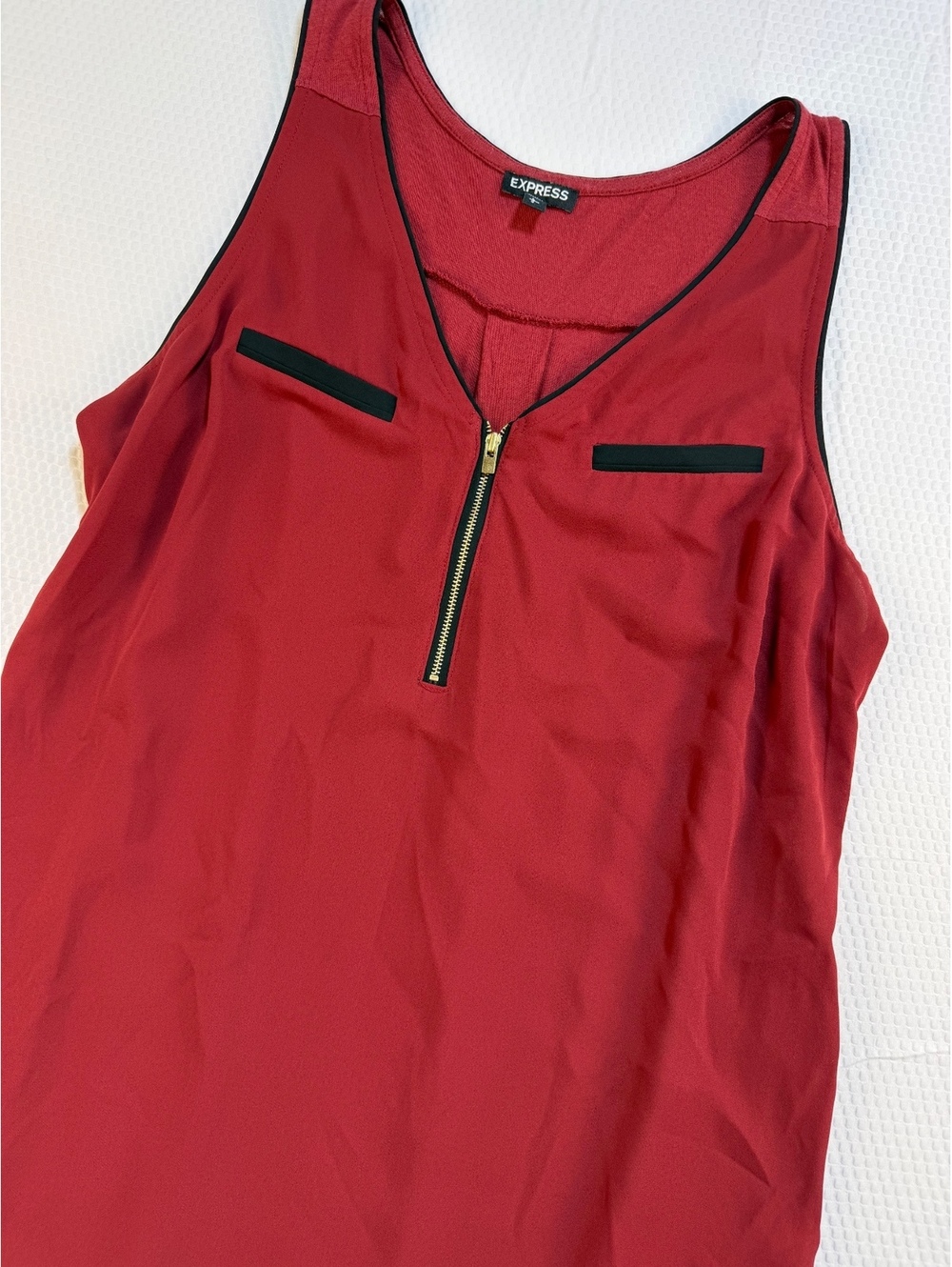 Express Womens L Burgundy Zip Front Tank Top Black Trim Y2K Corporate Goth